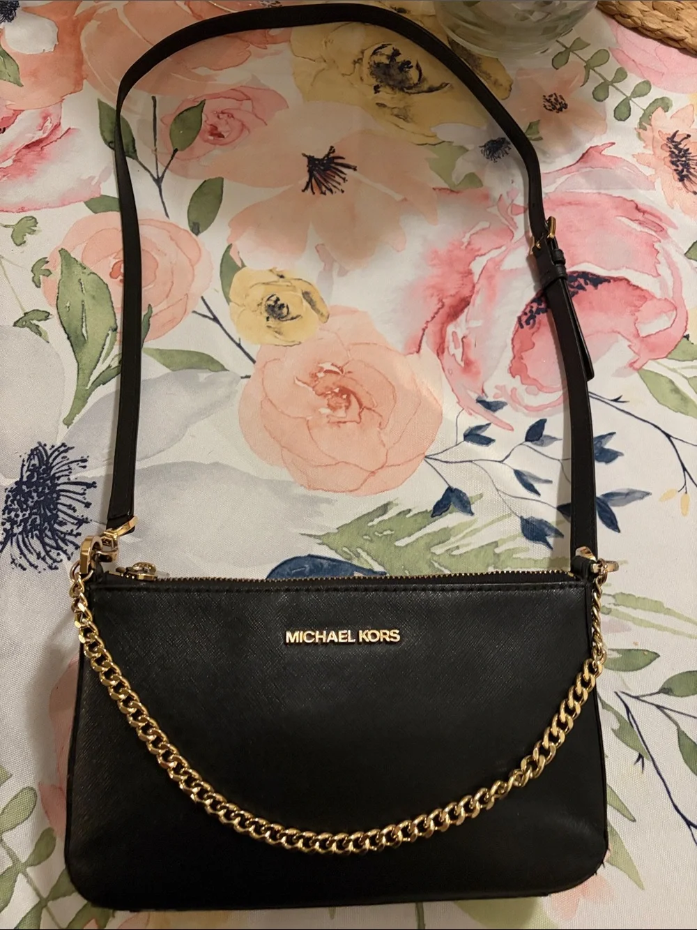 Michael Kors Black Leather Crossbody with Gold Chain Accent